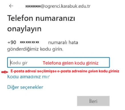 Microsoft telefon numarası doğrulama kodu alanı.