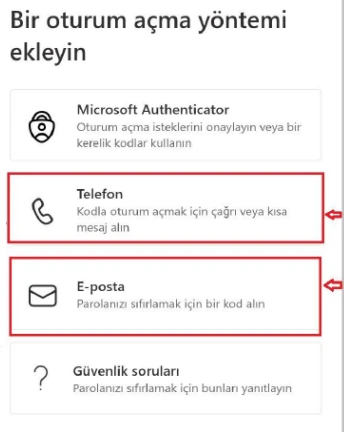 Microsoft doğrulama yöntemleri seçim ekranı.