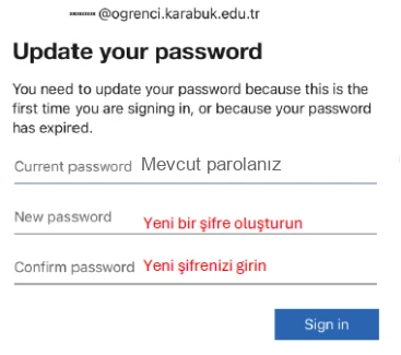 Microsoft mevcut şifre, yeni şifre ve şifre onay alanları.