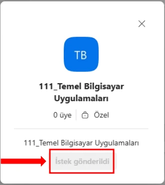 Teams ders ekibinde İstek gönderildi durumu.