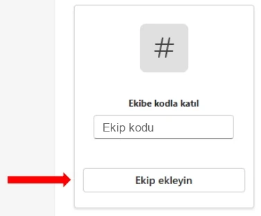 Teams ekibe kodla katıl alanı ve Ekip ekleyin düğmesi.