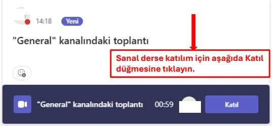 Teams ders toplantısında Katıl düğmesi.
